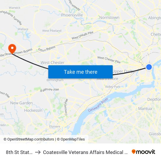 8th St Station to Coatesville Veterans Affairs Medical Center map