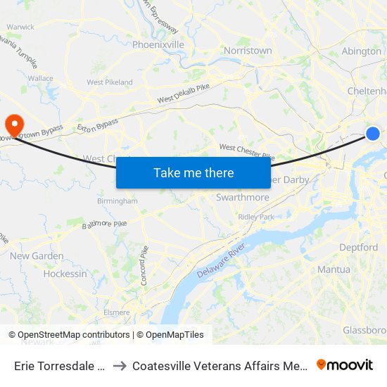 Erie Torresdale Station to Coatesville Veterans Affairs Medical Center map