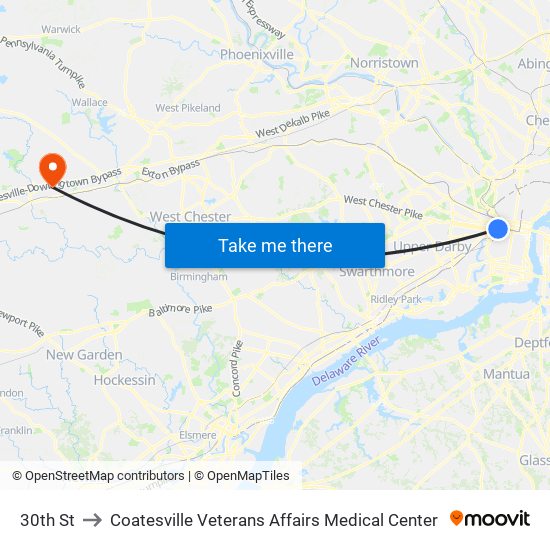 30th St to Coatesville Veterans Affairs Medical Center map