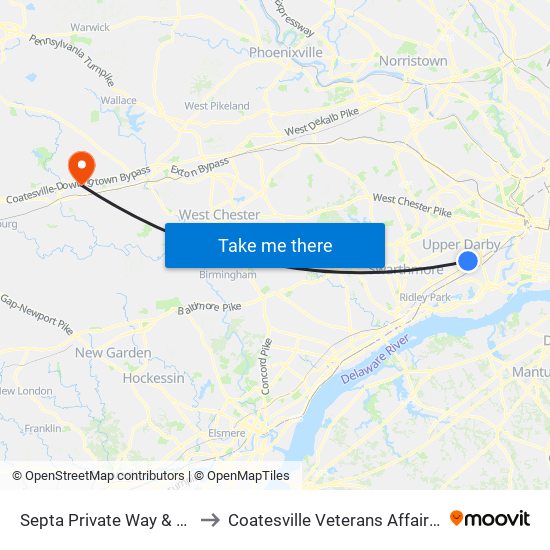 Septa Private Way & Macdade Blvd to Coatesville Veterans Affairs Medical Center map