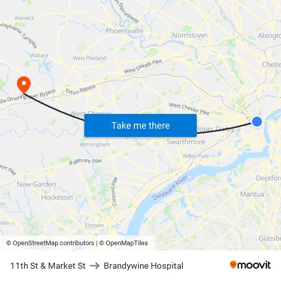 11th St & Market St to Brandywine Hospital map