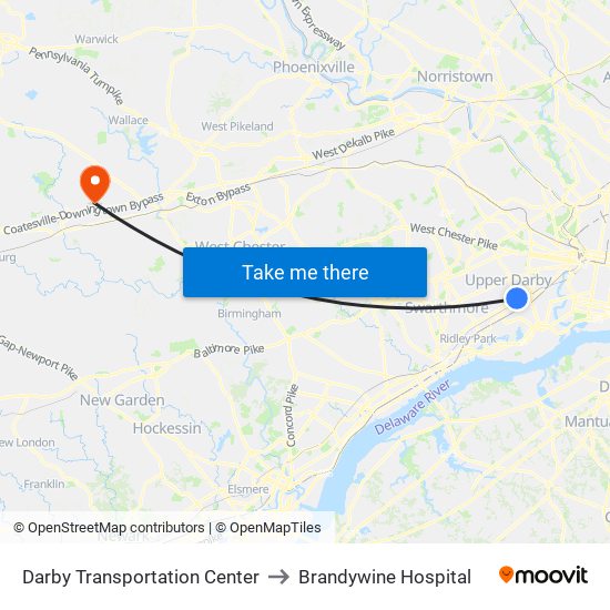 Darby Transportation Center to Brandywine Hospital map