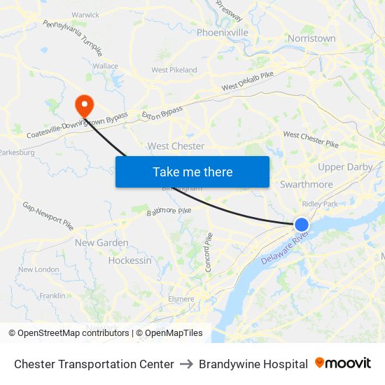 Chester Transportation Center to Brandywine Hospital map