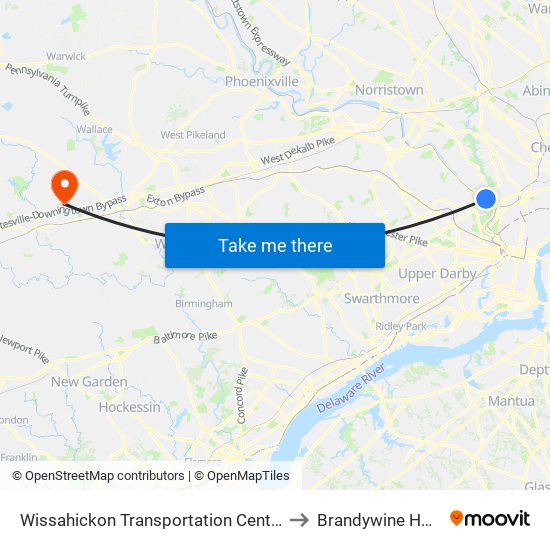 Wissahickon Transportation Center - Onsite to Brandywine Hospital map