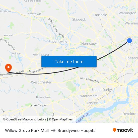 Willow Grove Park Mall to Brandywine Hospital map