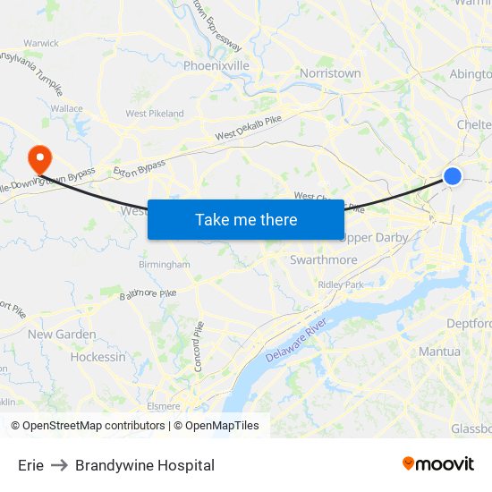 Erie to Brandywine Hospital map