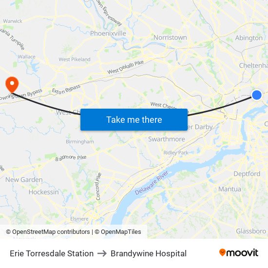 Erie Torresdale Station to Brandywine Hospital map