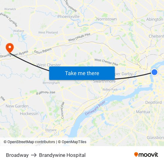 Broadway to Brandywine Hospital map