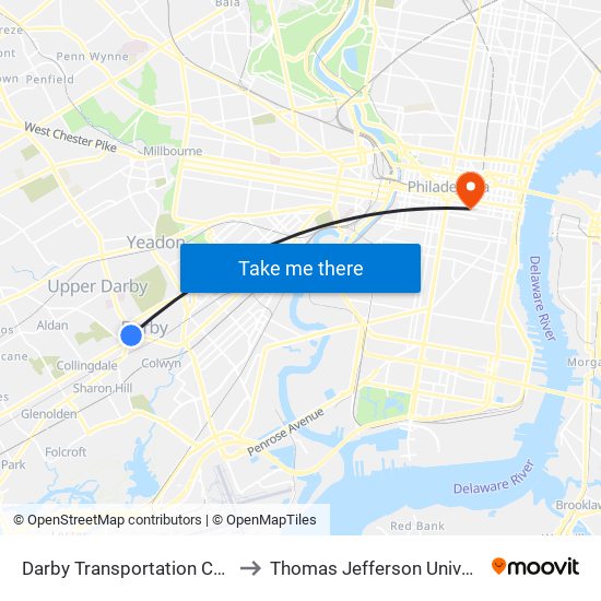 Darby Transportation Center to Thomas Jefferson University map