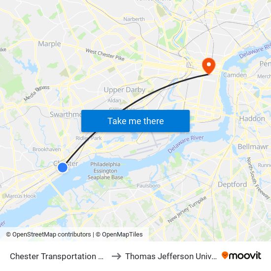 Chester Transportation Center to Thomas Jefferson University map