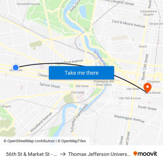 56th St & Market St - Fs to Thomas Jefferson University map