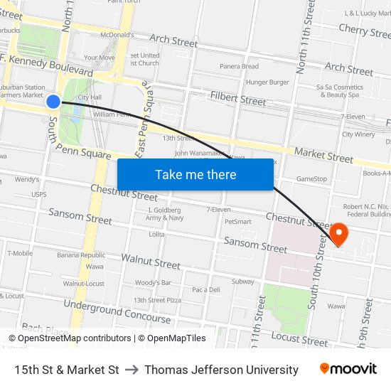 15th St & Market St to Thomas Jefferson University map