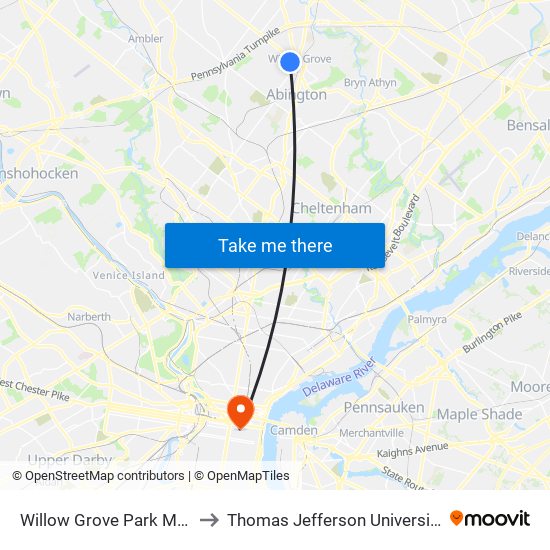 Willow Grove Park Mall to Thomas Jefferson University map