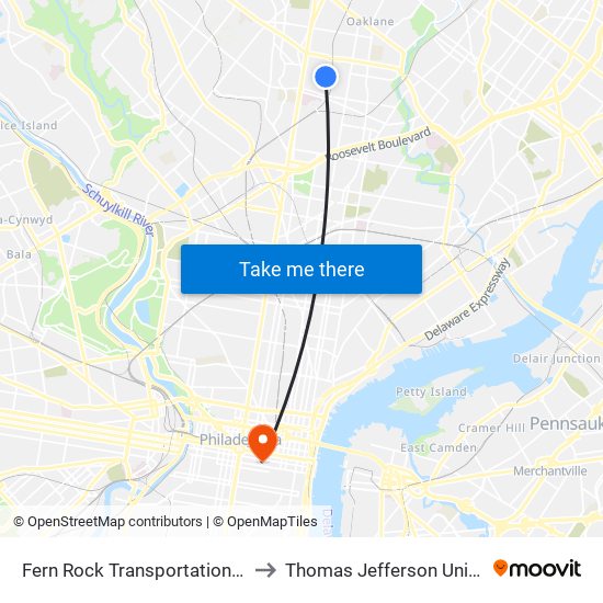 Fern Rock Transportation Center to Thomas Jefferson University map