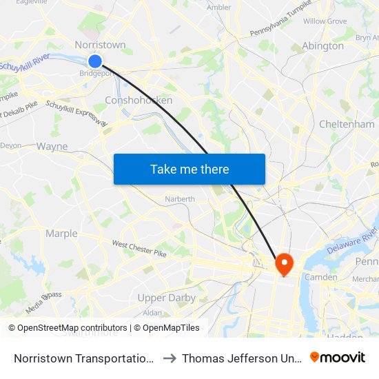 Norristown Transit Center to Thomas Jefferson University map