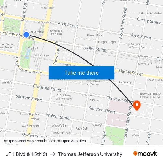 JFK Blvd & 15th St to Thomas Jefferson University map