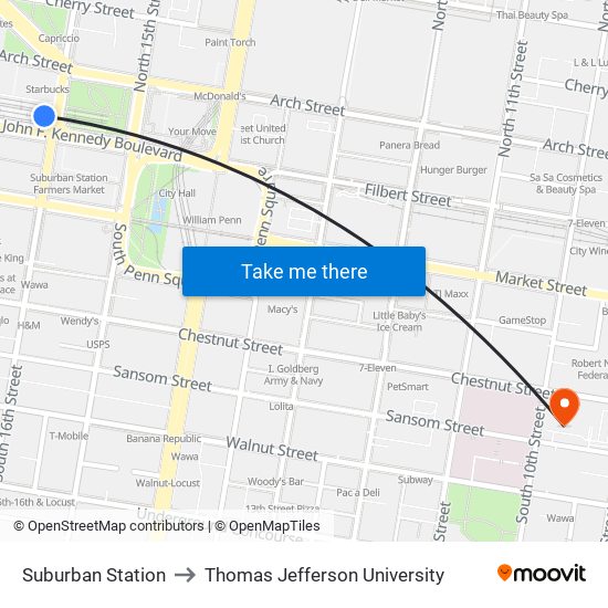 Suburban Station to Thomas Jefferson University map