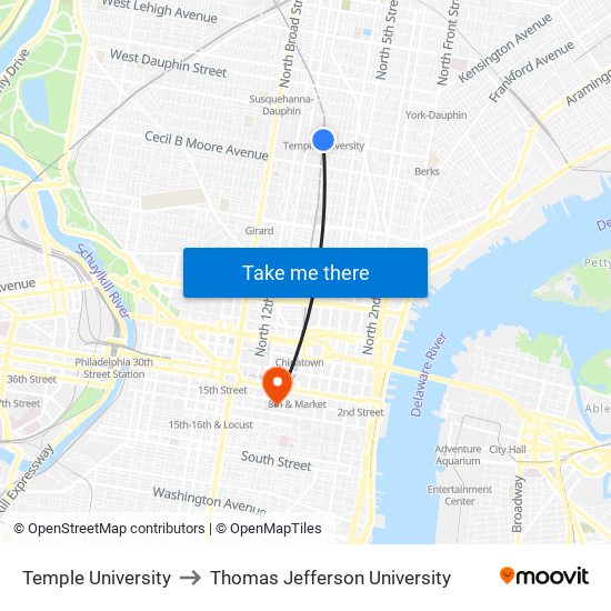 Temple University to Thomas Jefferson University map