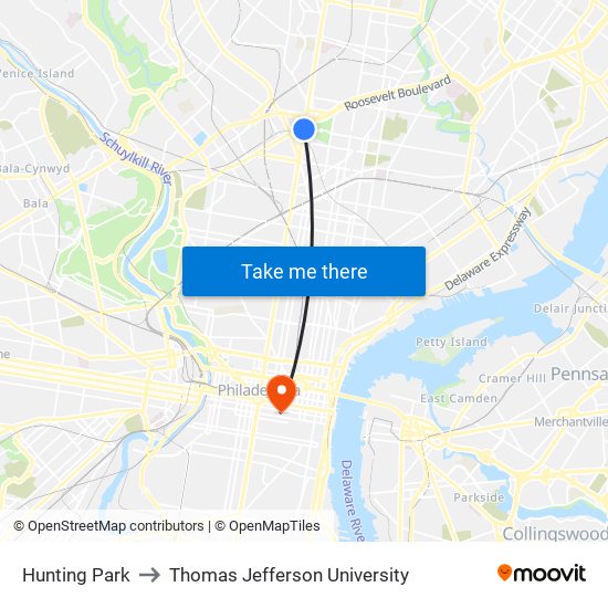 Hunting Park to Thomas Jefferson University map