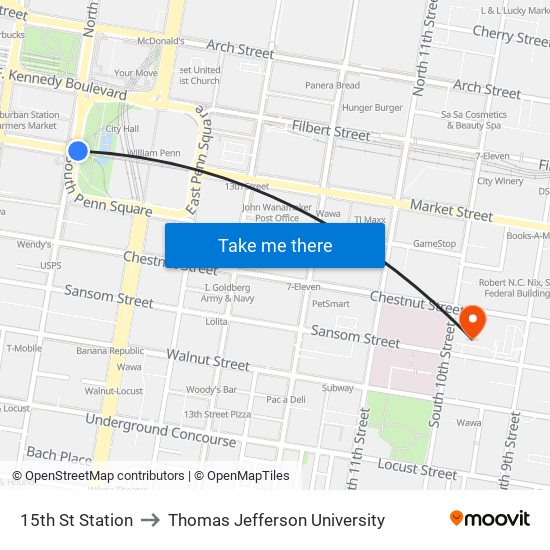 15th St Station to Thomas Jefferson University map