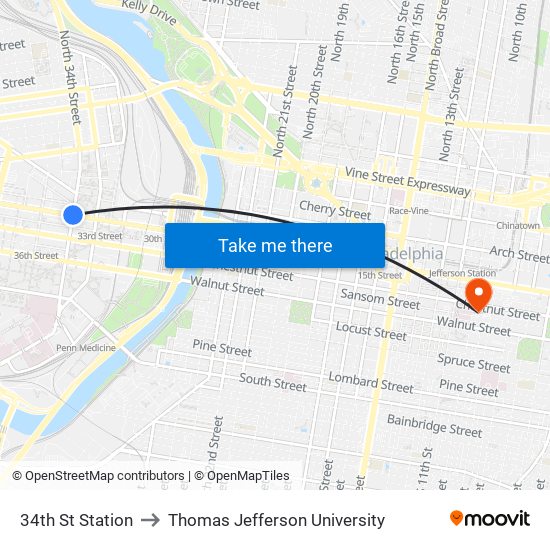 34th St Station to Thomas Jefferson University map