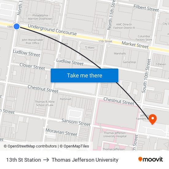 13th St Station to Thomas Jefferson University map