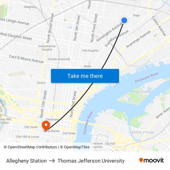 Allegheny Station to Thomas Jefferson University map