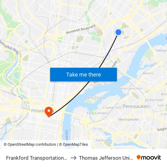 Frankford Transportation Center to Thomas Jefferson University map