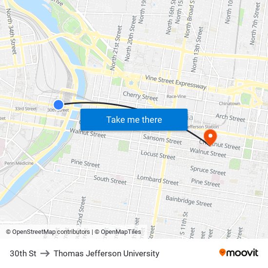 30th St to Thomas Jefferson University map