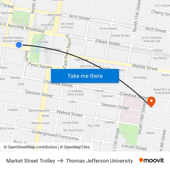 Market Street Trolley to Thomas Jefferson University map