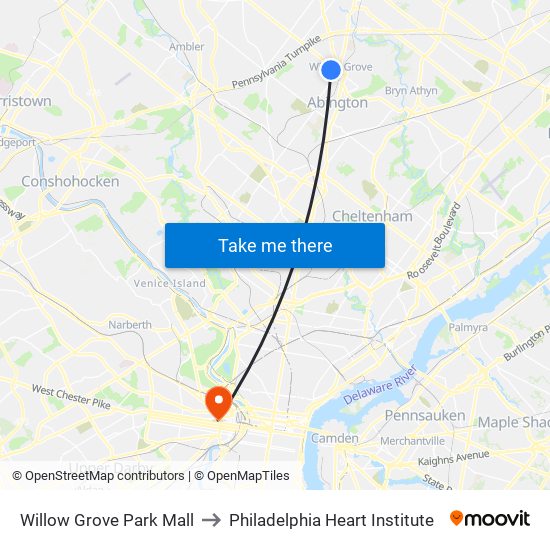 Willow Grove Park Mall to Philadelphia Heart Institute map