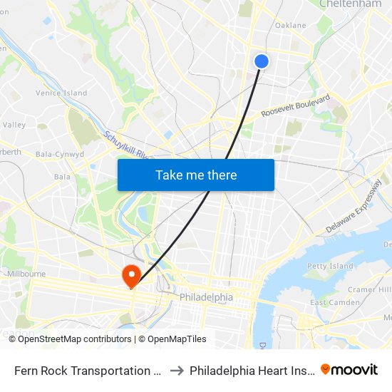 Fern Rock Transit Center to Philadelphia Heart Institute map