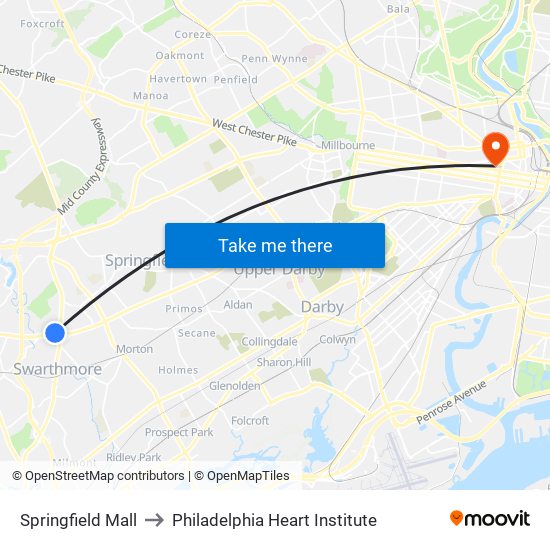 Springfield Mall to Philadelphia Heart Institute map