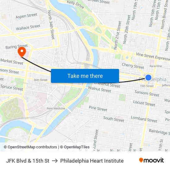 JFK Blvd & 15th St to Philadelphia Heart Institute map