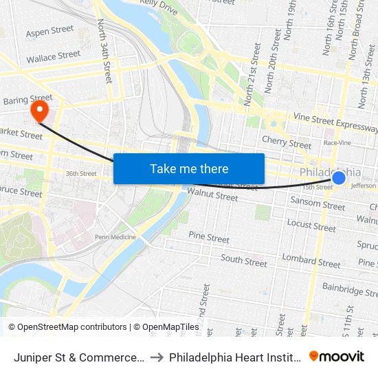 Juniper St & Commerce St to Philadelphia Heart Institute map