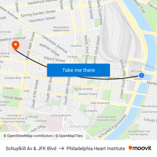 Schuylkill Av & JFK Blvd to Philadelphia Heart Institute map