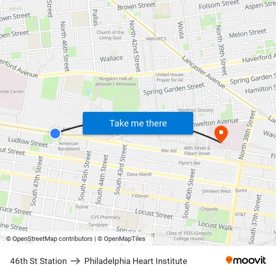 46th St Station to Philadelphia Heart Institute map