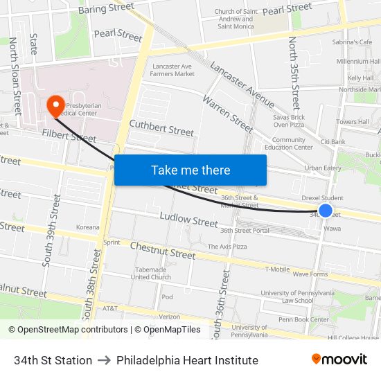 34th St Station to Philadelphia Heart Institute map