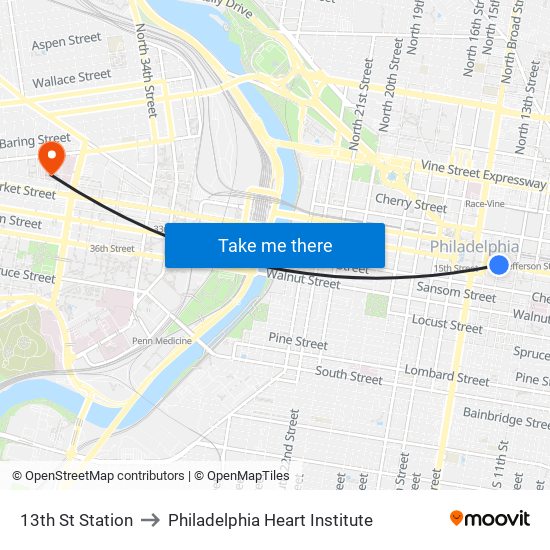 13th St Station to Philadelphia Heart Institute map