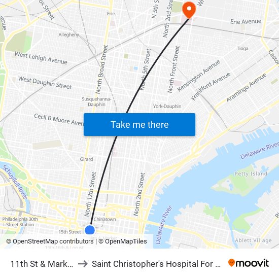 11th St & Market St to Saint Christopher's Hospital For Children map