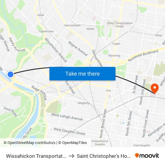 Wissahickon Transit Center to Saint Christopher's Hospital For Children map