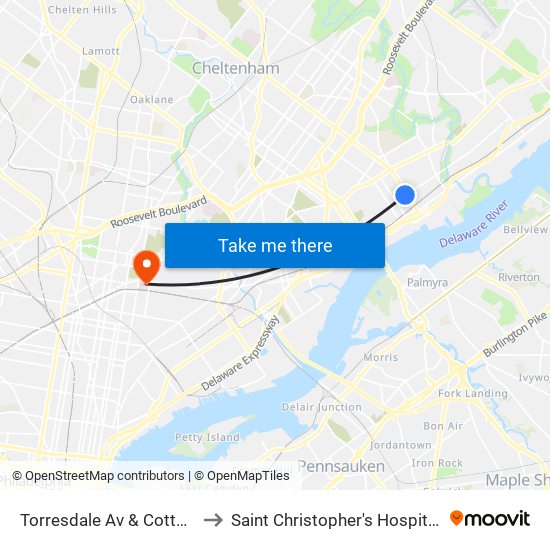 Torresdale Av & Cottman Av Loop to Saint Christopher's Hospital For Children map