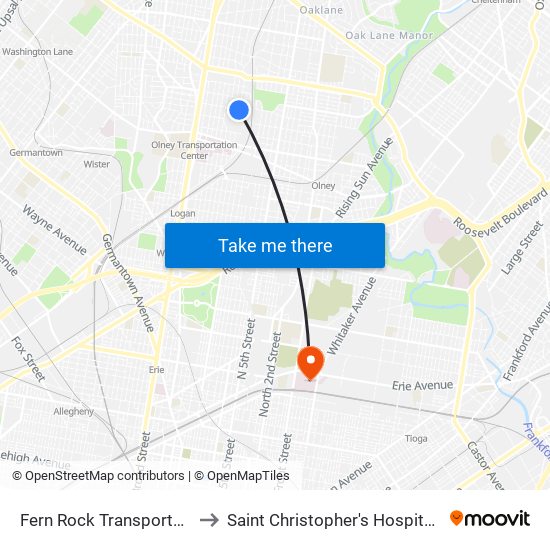 Fern Rock Transportation Center to Saint Christopher's Hospital For Children map