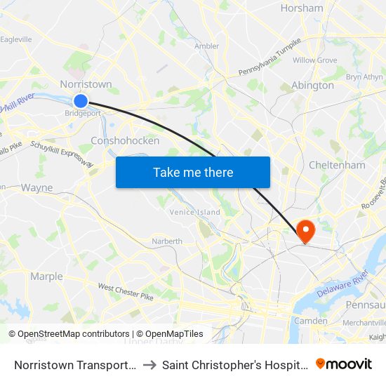Norristown Transportation Center to Saint Christopher's Hospital For Children map