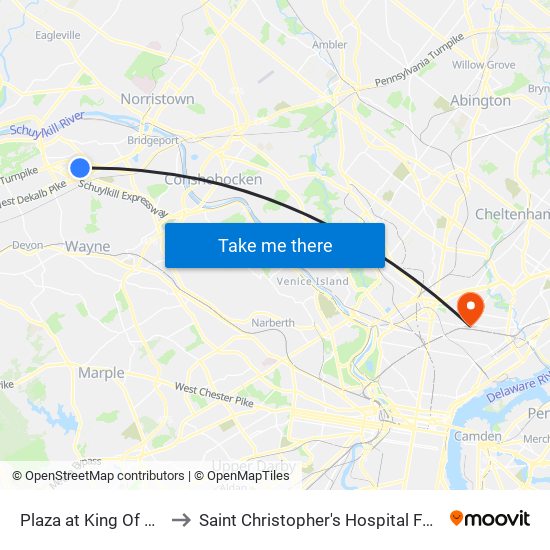 Plaza at King Of Prussia to Saint Christopher's Hospital For Children map