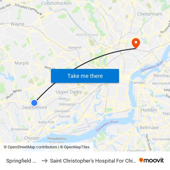 Springfield Mall to Saint Christopher's Hospital For Children map