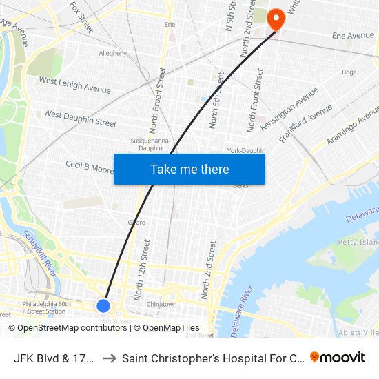 JFK Blvd & 17th St to Saint Christopher's Hospital For Children map