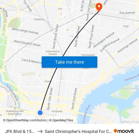 JFK Blvd & 15th St to Saint Christopher's Hospital For Children map