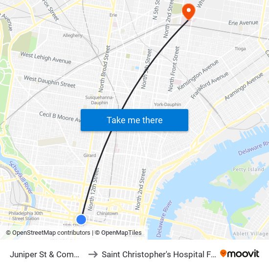 Juniper St & Commerce St to Saint Christopher's Hospital For Children map