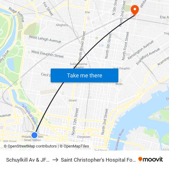 Schuylkill Av & JFK Blvd to Saint Christopher's Hospital For Children map